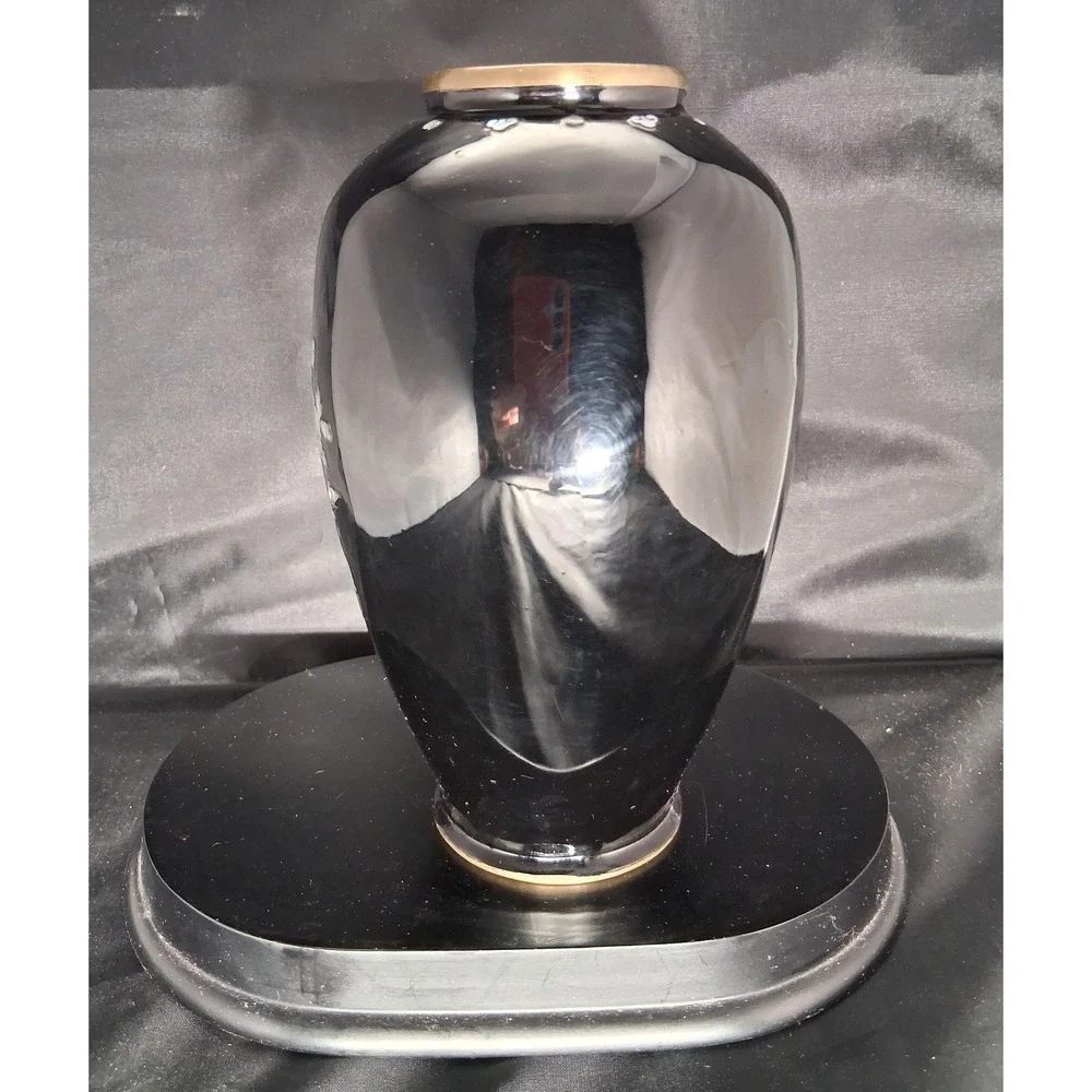 Vintage Brass, Black Enamel Mother of Pearl Inlay Peacock Vase Brass Trim 7.25in